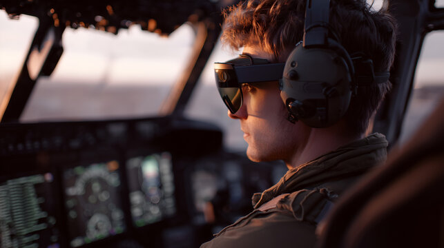 a person wearing a headset in the cockpit