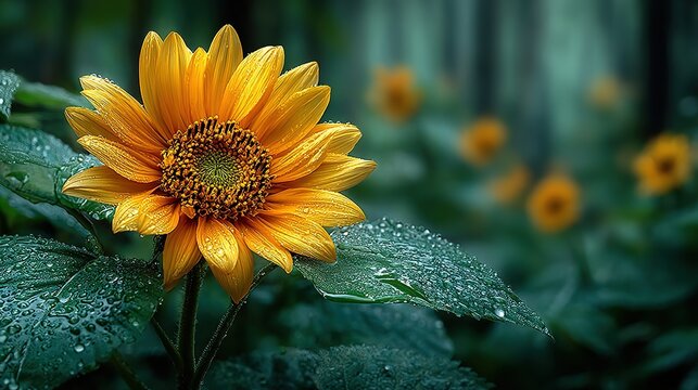 Sunflower disc florets close-up facing front amidst lush green foliage