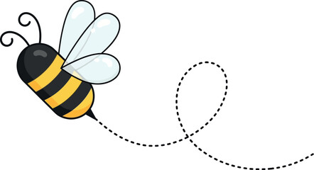 Cute cartoon bee flying with a dotted line path on a white background