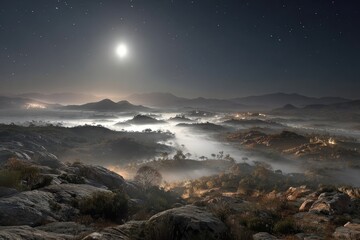Misty mountain valley at night, illuminated by the moon and stars