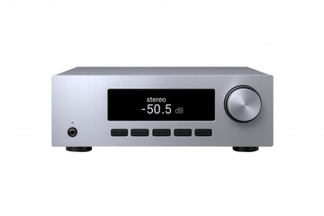Sleek Silver Stereo Receiver with Digital Display and Control Knob for Modern Audio Systems