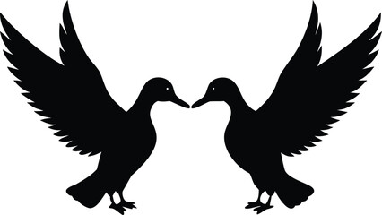 Fototapeta premium Silhouette of Two Ducks Facing Each Other with Open Wings on White Background