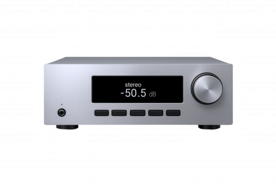 Sleek Silver Stereo Receiver with Digital Display and Control Knob for Modern Audio Systems
