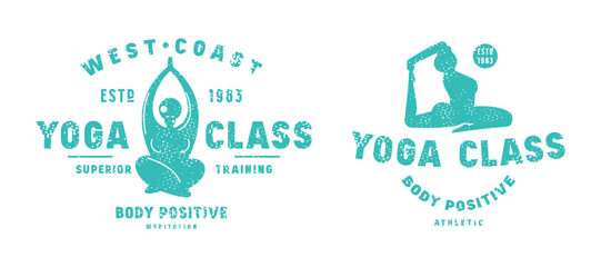 Body positive yoga class emblem. Graphic design with typographic and silhouettes of girl in asana. Green print with rough texture on white background