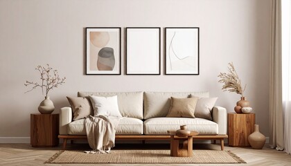 A minimalist living room interior with two framed abstract art prints hanging above a soft beige couch. 