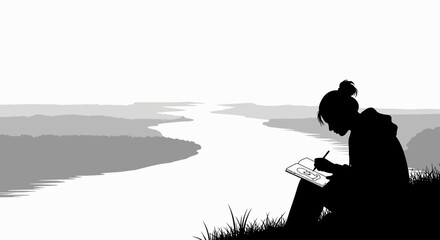 serene silhouette of a young woman sketching by a river, isolated on transparent background: a peaceful landscape illustration