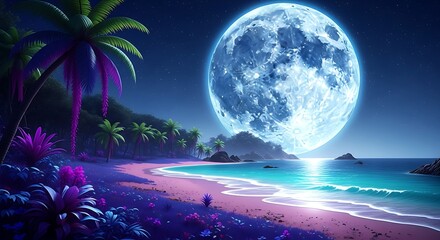 Moon Over Tropical Beach at Night