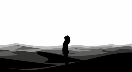 silhouette of a woman gazing at a serene desert landscape at dawn, isolated on a transparent background – a minimalist vector illustration