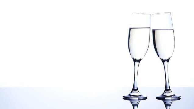 Two elegant champagne flutes filled with bubbly liquid on a reflective surface