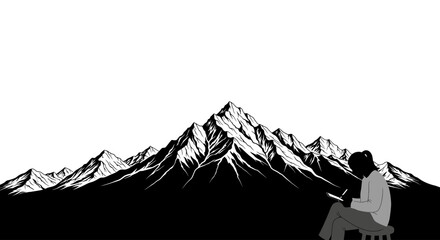serene mountain vista: a woman sketches majestic peaks, isolated on a transparent background – vector illustration