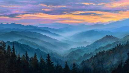 Obraz premium wonderful autumn scenery, incredible autumn view in the mountains,Sunset Over Layered Mountains in Great Smoky Mountains National Park