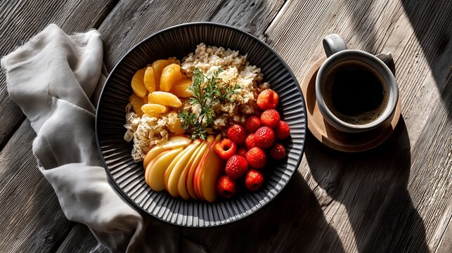 Warm oatmeal porridge topped with fresh raspberries, tangerine, apple slices beside steaming coffee mug on weathered wooden surface bathed in morning sunlight