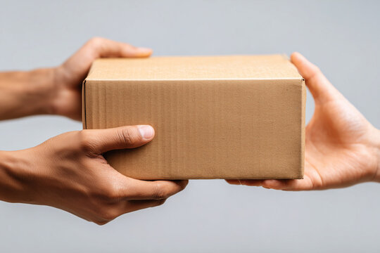 A person is holding a brown cardboard box and handing it to another person