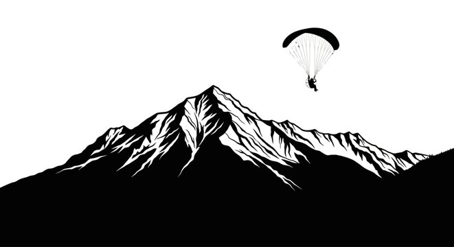 dramatic silhouette of paraglider soaring over majestic mountain range, isolated on transparent background &ndash; perfect for adventure and travel designs
