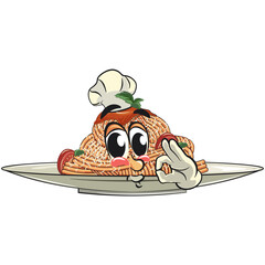 cute spaghetti mascot cartoon wearing a chef's hat while giving a delicious sign, funny pasta character vector on plate with tomato sauce and cheese, work of hand drawn