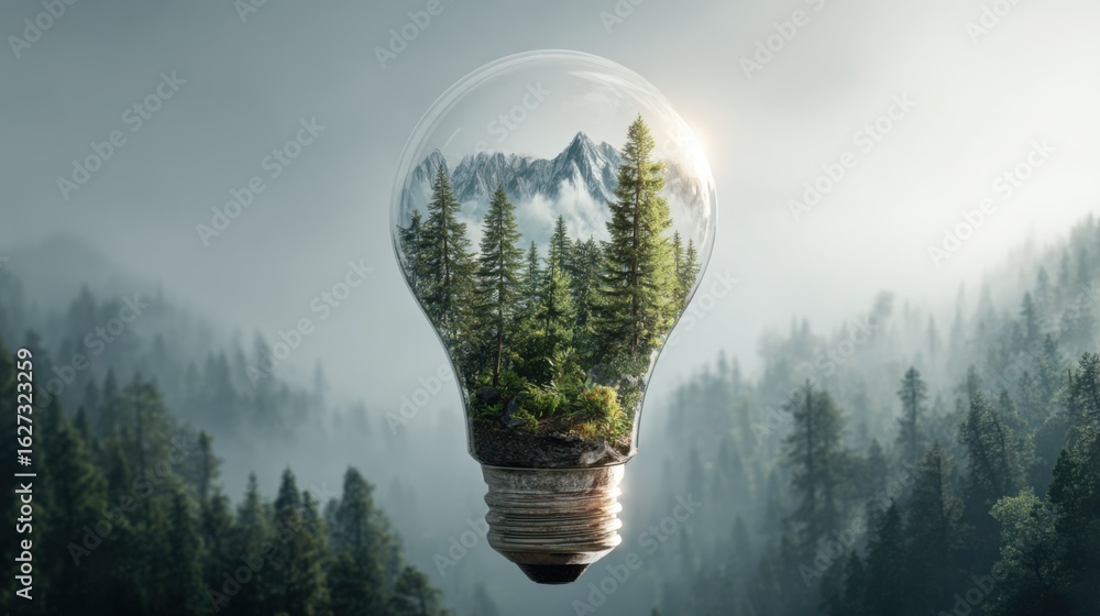 Poster a light bulb is surrounded by trees and mountains. the light bulb is a symbol of energy and the tree