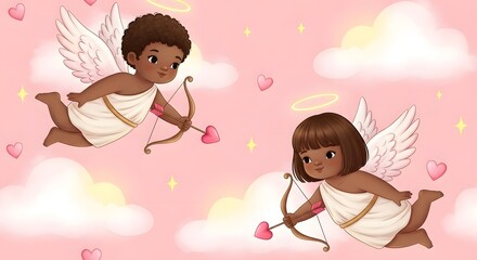 Cupids, a boy and girl, flying through a romantic pink sky with hearts.