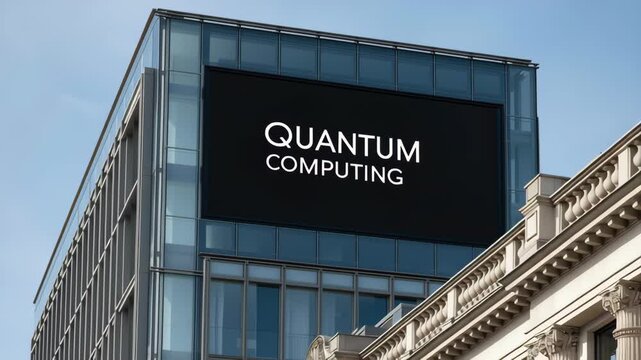 AI Quantum Computing Research and Development concept, Modern building showcasing quantum computing technology on display.