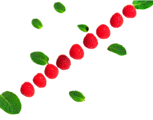 A diagonal line of ripe red raspberries and fresh green mint leaves floating in a dynamic pattern.