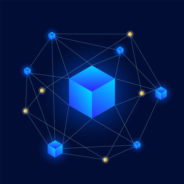 3D isometric gradient blockchain cube connection with node bitcoin link icon. Virtual futuristic cryptocurrency trade. 3D neon crypto currency orbit network system for financial tech with glow effect.