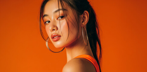 Beautiful Asian woman her early to mid twenties with long hair, wearing large hoop earrings, poses against orange background, exuding confidence