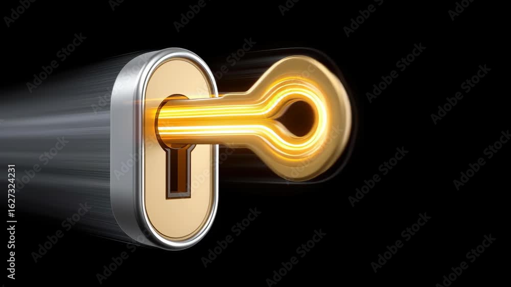 Aufkleber cybersecurity access control permission concept, key entering a lock with a glowing effect in a dark