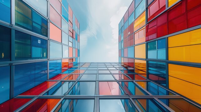 Worm's eye view of colorful building facade with blue red yellow and orange windows against sky