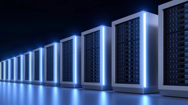 AI Quantum Computing Research and Development concept, Futuristic server rack in a high-tech environment.