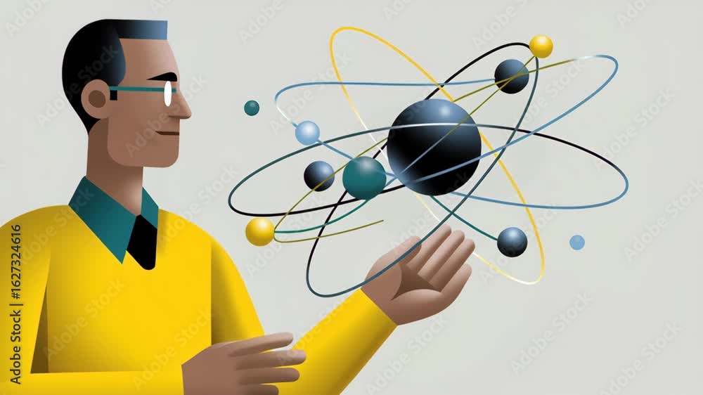 Poster ai quantum computing research and development concept, illustration of a man interacting with an ato