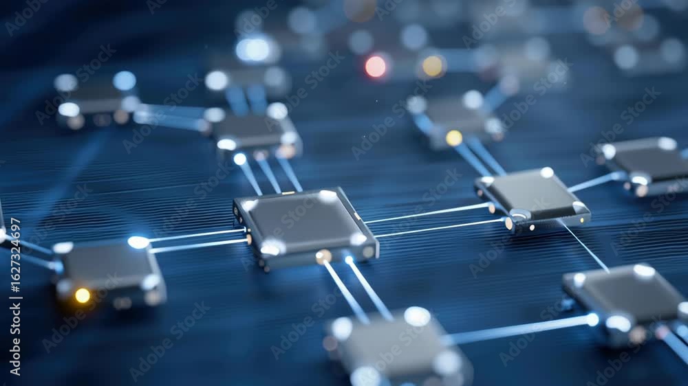 Poster futuristic circuit design with glowing nodes and connections.