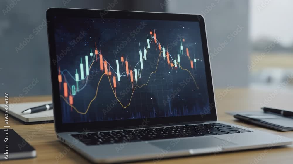 Poster stock market analysis on laptop - a close-up shot of a laptop displaying a dynamic stock market char