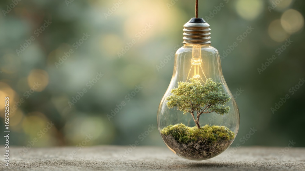 Poster a tree is inside a light bulb. the bulb is green and the tree is also green. the bulb is hanging fro