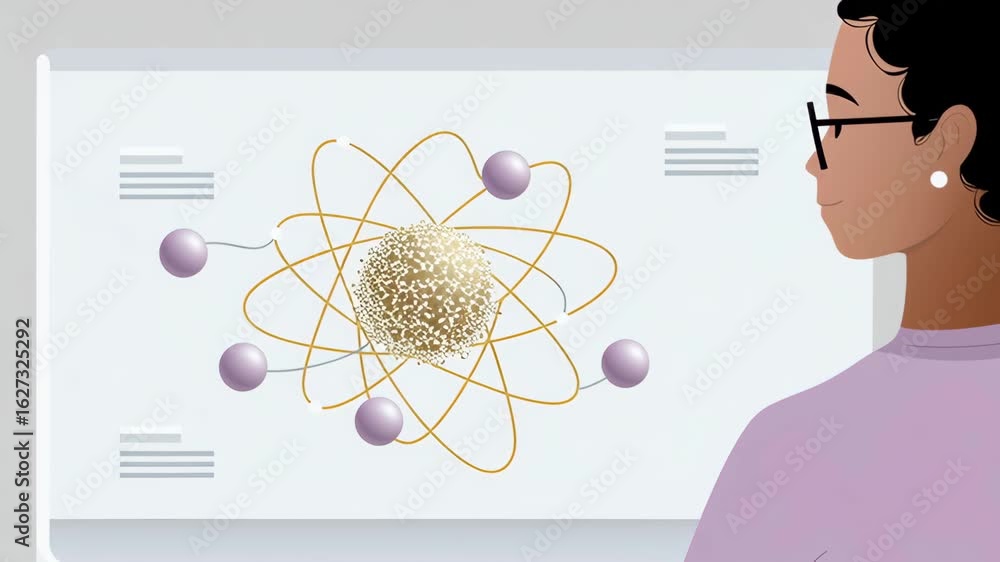 Poster ai quantum computing research and development concept, young woman studying atomic structure on a co