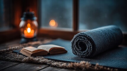 Dark blue yoga mat and open book near a lit lantern, winter scene.