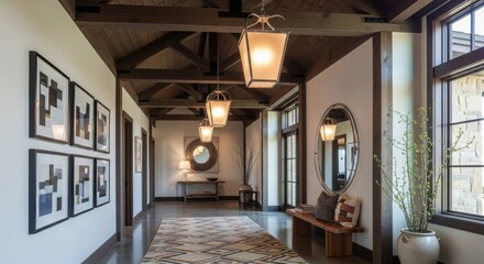 Elegant hallway with vaulted wood ceiling, geometric rug, framed art, and warm ambient lighting.