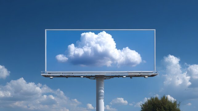 Dreamy cloudscape billboard against blue sky evokes calm advertising and creative marketing campaigns