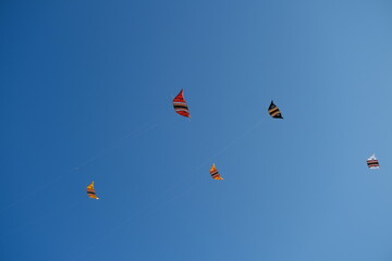Colorful Kites Flying in Bright Blue Sky