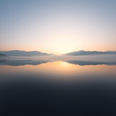 Serene Misty Lake with Mountain Reflections at Sunrise or Sunset