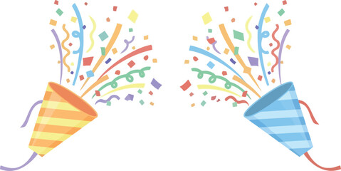 Two party poppers exploding with colorful confetti and streamers against a white background