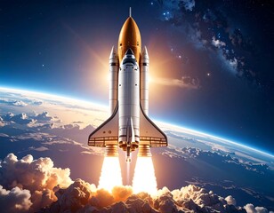 Obraz premium Dramatic spaceship launch over the earth conveying power and exploration of cosmos