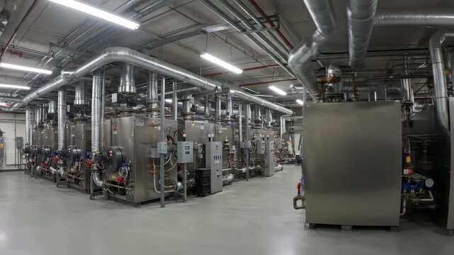 Industrial Boiler Room with Heating Systems - This video depicts a large industrial boiler room featuring multiple heating systems lined up in neat rows.