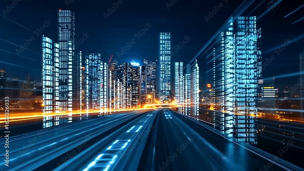 Poster futuristic digital cityscape with data stream overlay for tech visuals