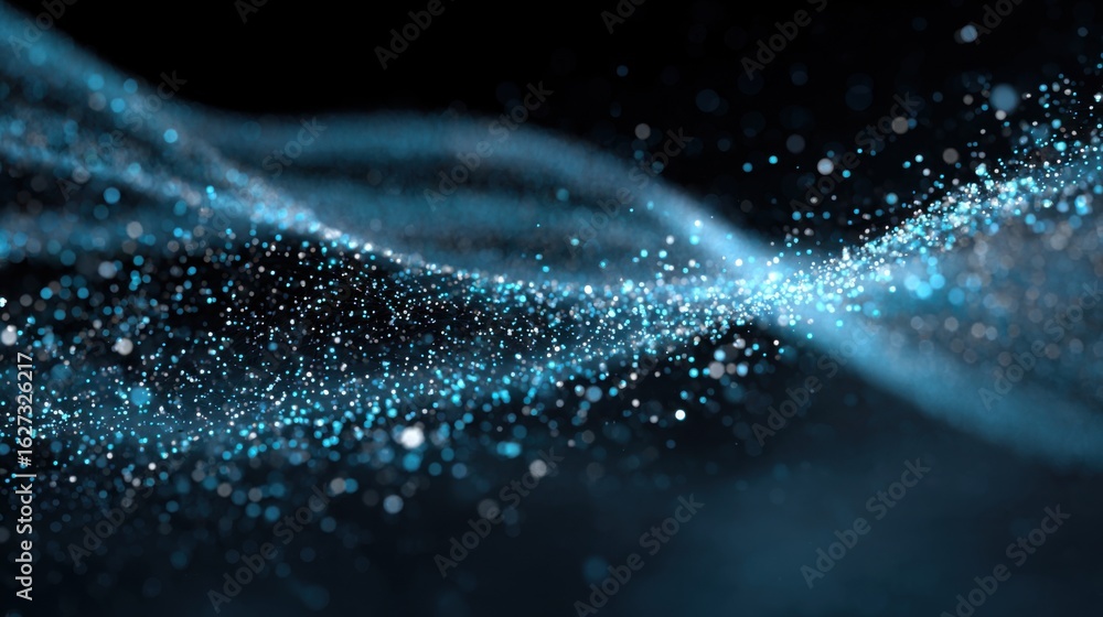 Poster a blue wave of light with many small dots. the dots are scattered throughout the image, creating a s