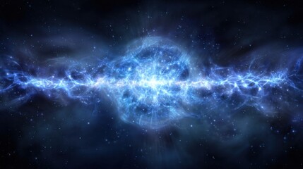 Fototapeta premium A blue and white space with a bright blue line in the middle. The blue line is surrounded by stars and the stars are scattered throughout the image. Scene is one of wonder and awe