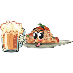cute spaghetti mascot cartoon with a big glass of bubbly beer, funny pasta character vector on plate with tomato sauce and cheese, work of hand drawn