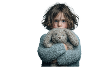 Sad Little Girl Holding Stuffed Bunny Rabbit Toy - Depressed Child in Gray Sweater with Messy Hair on Isolated Transparent Background