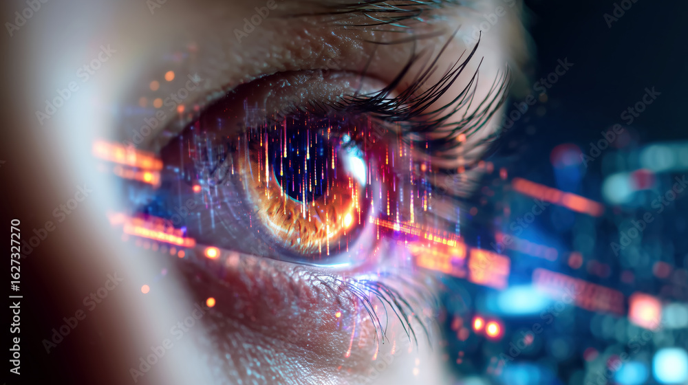 Poster close-up of an eye with digital data visualization and abstract light patterns