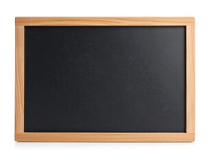 A clean, blank chalkboard in a light-brown wooden frame, isolated on white
