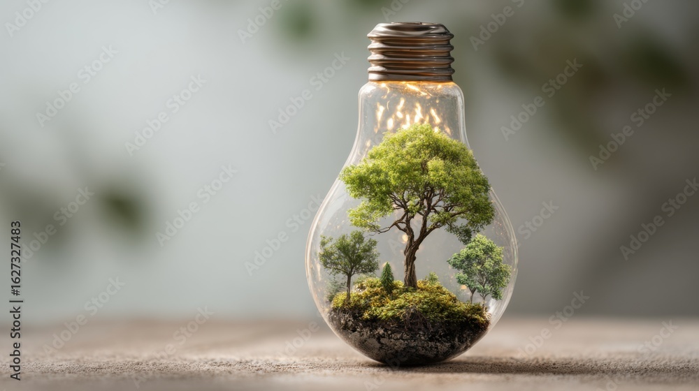 Poster a tree is inside a light bulb. the bulb is on a table. the tree is surrounded by dirt and rocks