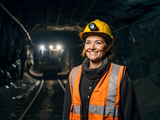 Fototapeta premium Smiling Female Miner in Underground Tunnel with Machinery